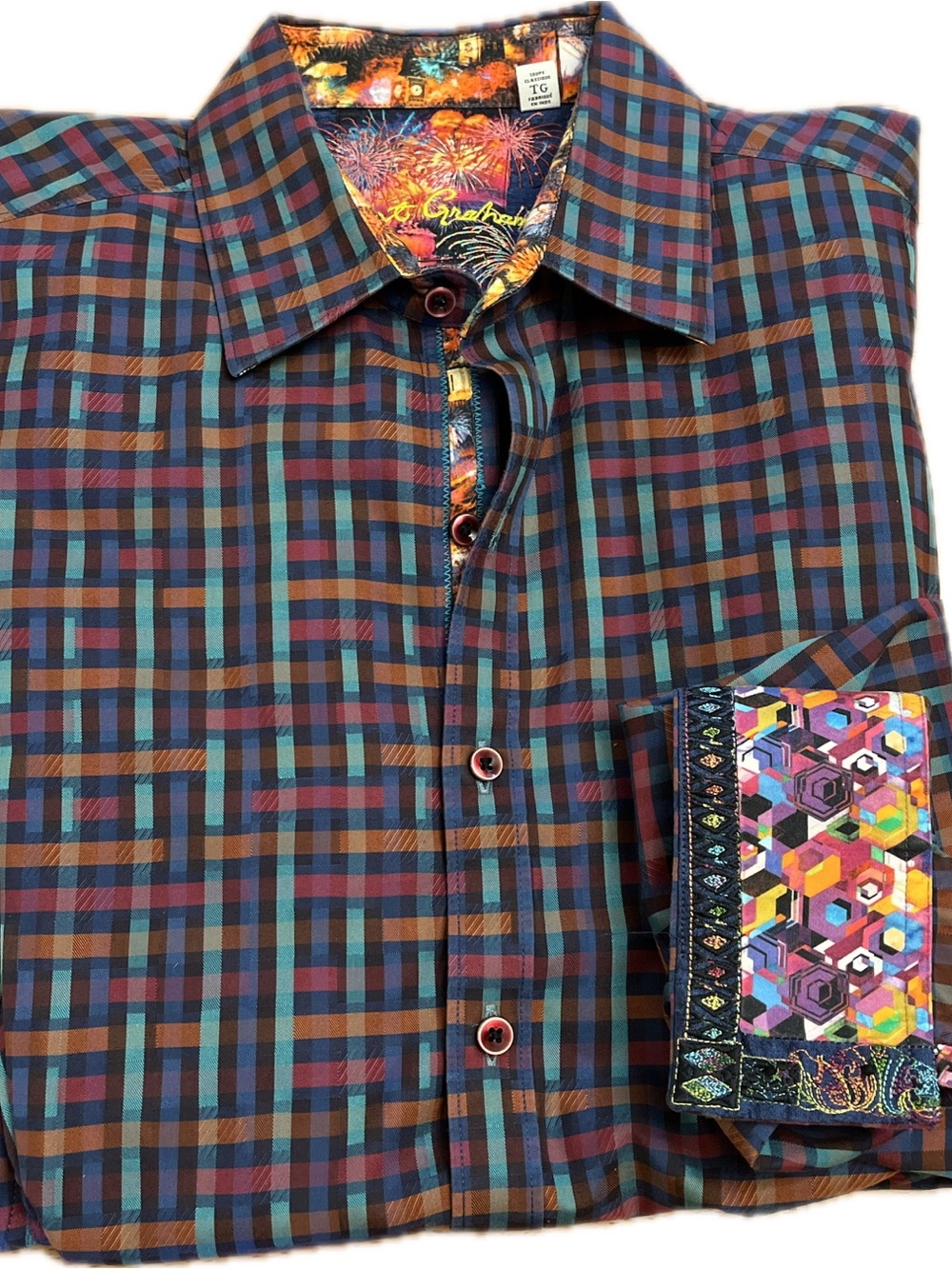Robert Graham Button Down Shirt Mens Classic Flip Cuff Blue Plaid Size XL